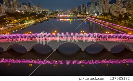 Festive Night Lights Reflect Across Shing Mun River Sha Tin 137985382