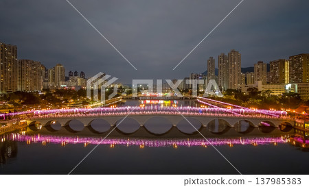 Festive Night Lights Reflect Across Shing Mun River Sha Tin Festive Night Lights Reflect Across Shing Mun River Sha Tin 137985383