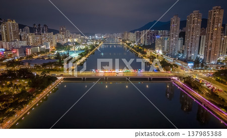 Colorful Night Lights Glow Along Shing Mun River Sha Tin 137985388