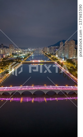 Festive Night Lights Reflect Across Shing Mun River Sha Tin Festive Night Lights Reflect Across Shing Mun River Sha Tin 137985390