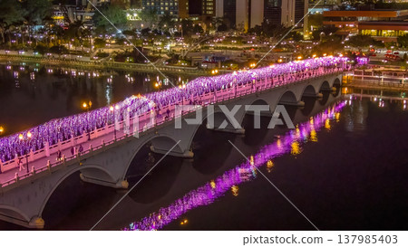 Vibrant Night Lights Illuminate Festive Bridge Over Shing Mun Vibrant Night Lights Illuminate Festive Bridge Over Shing Mun 137985403