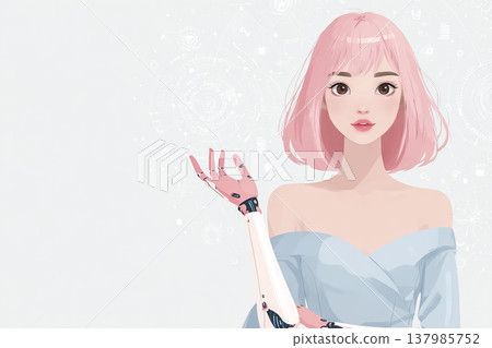 艾米系列：一位年輕的粉紅色頭髮的機器人女性舉起她的機械手臂的插圖 137985752