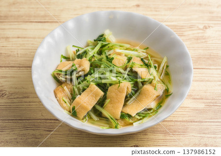 Simmered Mizuna and Fried Tofu Simmered Mizuna and Fried Tofu 137986152