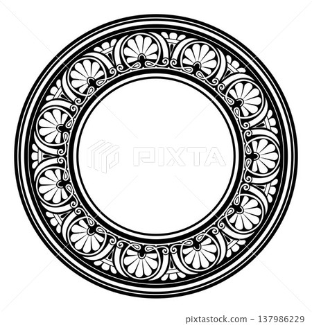 Classic, circular Greek anthemion, scrollwork border in black and white vector illustration. This ornate, symmetrical frame features repeated palmettes, perfect for frames, plate, porcelain or design. 137986229