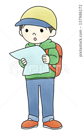 A man looking at a map, a child's hand-drawn illustration A man looking at a map, a child's hand-drawn illustration 137986272