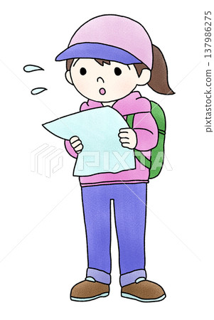 A hand-drawn illustration of a woman who is lost and distressed, and a child. A hand-drawn illustration of a woman who is lost and distressed, and a child. 137986275