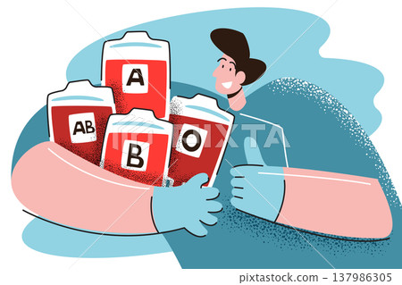 A person smiling and holding bags of different blood types (A, B, O, AB), highlighting the diversity and importance of the blood bank supply. Vector illustration. 137986305