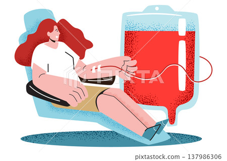 A woman reclining in a chair while donating blood into a massive IV bag, illustrating the process of blood collection and medical generosity. Vector illustration. A woman reclining in a chair while donating blood into a massive IV bag, illustrating the process of blood collection and medical generosity. Vector illustration. 137986306