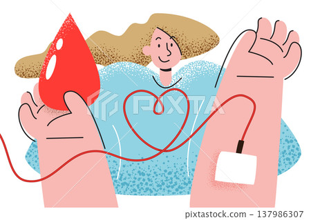 A close-up view of an arm with a blood donation tube forming a heart shape, emphasizing love, charity, and the gift of life through donation. Vector illustration. 137986307