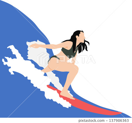 Illustration of a woman surfing on rough waves Illustration of a woman surfing on rough waves 137986363