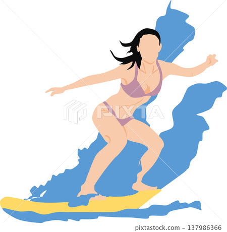 Illustration of a woman surfing on rough waves Illustration of a woman surfing on rough waves 137986366