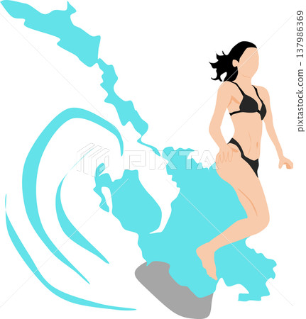 Illustration of a woman surfing on rough waves 137986369