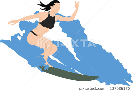 Illustration of a woman surfing on rough waves Illustration of a woman surfing on rough waves 137986370