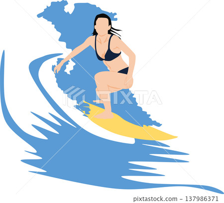 Illustration of a woman surfing on rough waves 137986371