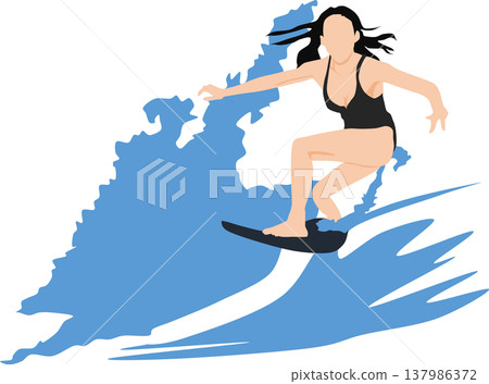 Illustration of a woman surfing on rough waves Illustration of a woman surfing on rough waves 137986372