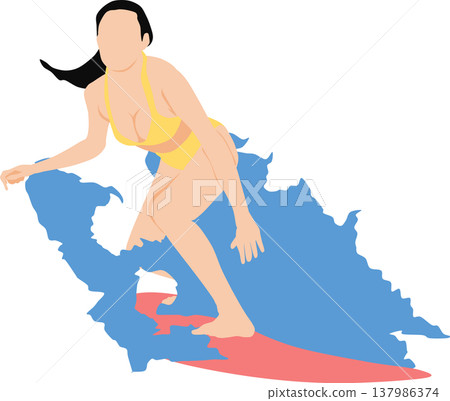 Illustration of a woman surfing on rough waves Illustration of a woman surfing on rough waves 137986374