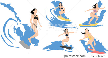 Illustration of a woman surfing on rough waves Illustration of a woman surfing on rough waves 137986375