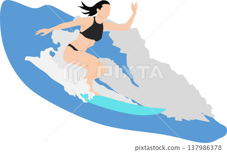 Illustration of a woman surfing on rough waves Illustration of a woman surfing on rough waves 137986378