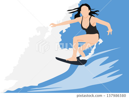 Illustration of a woman surfing on rough waves 137986380