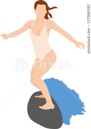 Illustration of a woman surfing on rough waves Illustration of a woman surfing on rough waves 137986382