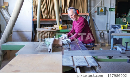 Craftsman cutting wood plank with sliding table saw Craftsman cutting wood plank with sliding table saw 137986902