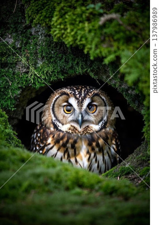 Close-up of an owl in a tree hole 137986989