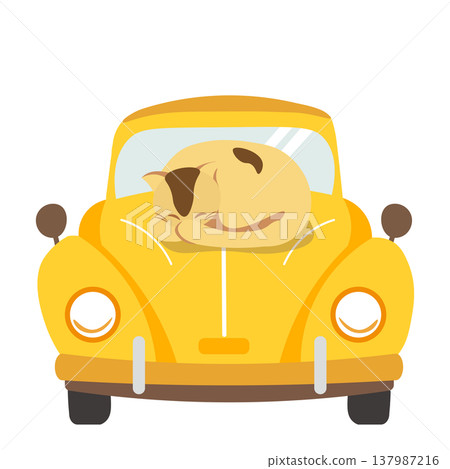 一幅貓咪在黃色汽車引擎蓋上打盹的插圖。 137987216