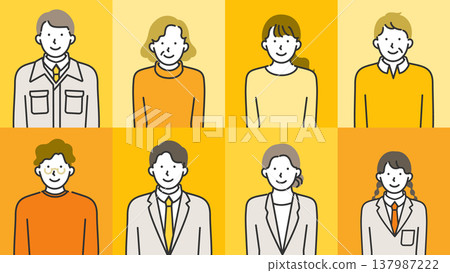 一組線條藝術插圖,描繪了一群不同年齡層的人——老年人、上班族和身穿制服的學生——他們既有微笑,也有表情平靜的人。 一組線條藝術插圖,描繪了一群不同年齡層的人——老年人、上班族和身穿制服的學生——他們既有微笑,也有表情平靜的人。 137987222