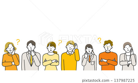 帶有文字空間的橫幅線條藝術插圖，旨在解決各個年齡層（包括老年人、上班族和穿制服的學生）的關注點和問題。 137987225