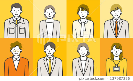 A set of line art illustrations featuring male and female professionals in suits and office casual attire, with both smiling and neutral expressions. A set of line art illustrations featuring male and female professionals in suits and office casual attire, with both smiling and neutral expressions. 137987256