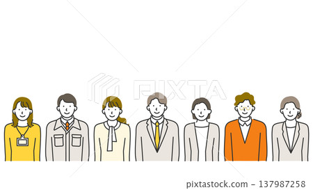 橫幅線條藝術插圖,描繪了身著商務服裝(西裝和休閒辦公服)的微笑男士和女士,並留有複製空間。 橫幅線條藝術插圖,描繪了身著商務服裝(西裝和休閒辦公服)的微笑男士和女士,並留有複製空間。 137987258