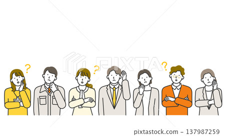 帶有文字空間的橫幅線條藝術插圖,旨在解決穿著西裝和商務休閒裝的男女辦公室工作人員的擔憂和疑問。 帶有文字空間的橫幅線條藝術插圖,旨在解決穿著西裝和商務休閒裝的男女辦公室工作人員的擔憂和疑問。 137987259