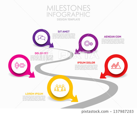 Winding path infographic template with circular map pin icons for business process visualization. Vector illustration. Winding path infographic template with circular map pin icons for business process visualization. Vector illustration. 137987283