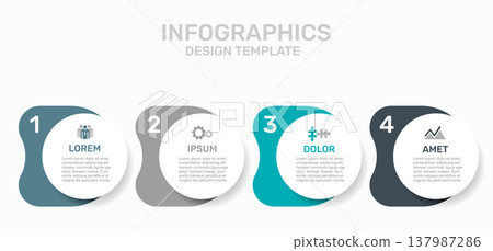 Four-step flow chart infographic with labeled sections, icons, and placeholder text for business processes. Vector illustration. 137987286