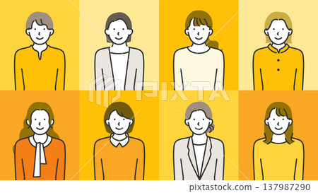 一組線條藝術插圖，描繪了一群年輕女性，有的微笑，有的表情平靜。 137987290