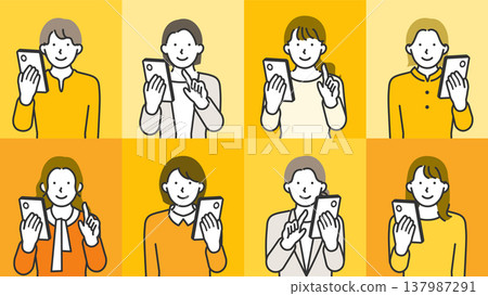 一組描繪年輕女性使用智慧型手機的線條藝術插圖，她們面帶微笑。 137987291