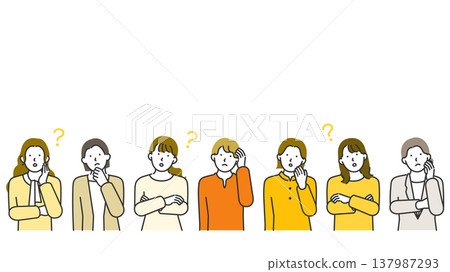 Horizontal banner line art illustration with copy space, depicting the worries and questions only young women have. 137987293
