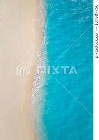 Majestic aerial tropical beach with gentle ocean waves and golden sandy shoreline, radiant summer sunlight, serene paradise island travel destination background Majestic aerial tropical beach with gentle ocean waves and golden sandy shoreline, radiant summer sunlight, serene paradise island travel destination background 137987756