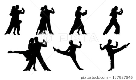 Black Solid Dramatic Tango Silhouettes Set of Six on White Background Black Solid Dramatic Tango Silhouettes Set of Six on White Background 137987846