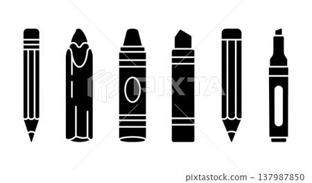 Black Solid Drawing & Sketching Mediums Silhouettes Set of Six on White Background Black Solid Drawing & Sketching Mediums Silhouettes Set of Six on White Background 137987850