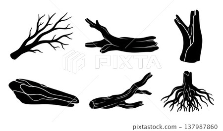 Set of Six Black Solid Driftwood Silhouettes on White Background Set of Six Black Solid Driftwood Silhouettes on White Background 137987860