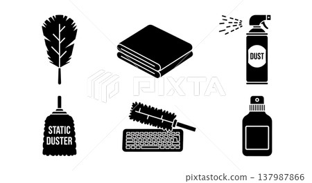 Black Solid Home Dusting Tools Silhouettes Set of Six on White Background Black Solid Home Dusting Tools Silhouettes Set of Six on White Background 137987866