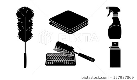 Black Solid Home Dusting Tools Silhouettes Set of Six on White Background Black Solid Home Dusting Tools Silhouettes Set of Six on White Background 137987869