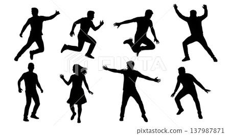Black Solid Dynamic Action Silhouettes Set of Six on White Background Black Solid Dynamic Action Silhouettes Set of Six on White Background 137987871