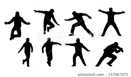 Black Solid Dynamic Action Silhouettes Set of Six on White Background Black Solid Dynamic Action Silhouettes Set of Six on White Background 137987873