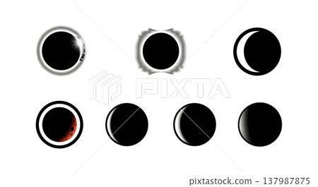 Set of Six Unique Black Solid Solar and Lunar Eclipse Silhouettes 137987875