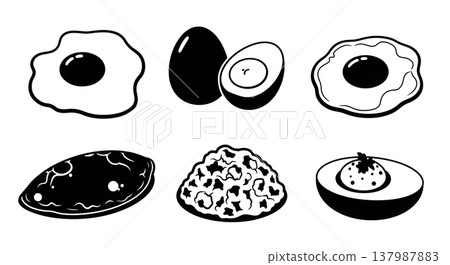 Black Solid Egg Preparations Silhouettes Set of Six on White Background Black Solid Egg Preparations Silhouettes Set of Six on White Background 137987883