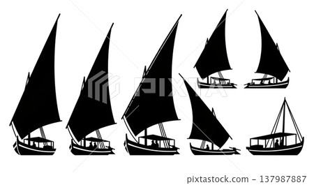 Black Solid Traditional Egyptian Feluccas and Nile Boats Silhouettes Set of Six on White Background 137987887
