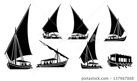 Black Solid Traditional Egyptian Feluccas and Nile Boats Silhouettes Set of Six on White Background Black Solid Traditional Egyptian Feluccas and Nile Boats Silhouettes Set of Six on White Background 137987888