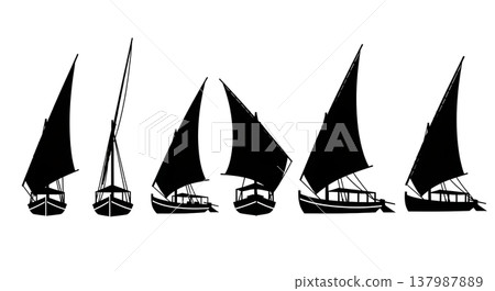 Black Solid Traditional Egyptian Feluccas and Nile Boats Silhouettes Set of Six on White Background Black Solid Traditional Egyptian Feluccas and Nile Boats Silhouettes Set of Six on White Background 137987889